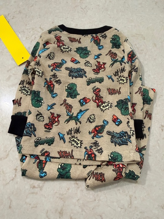 Beige Dino & Monster Print Kids Pajama Set with Black Trim 12M NWOT - Picture 3 of 6